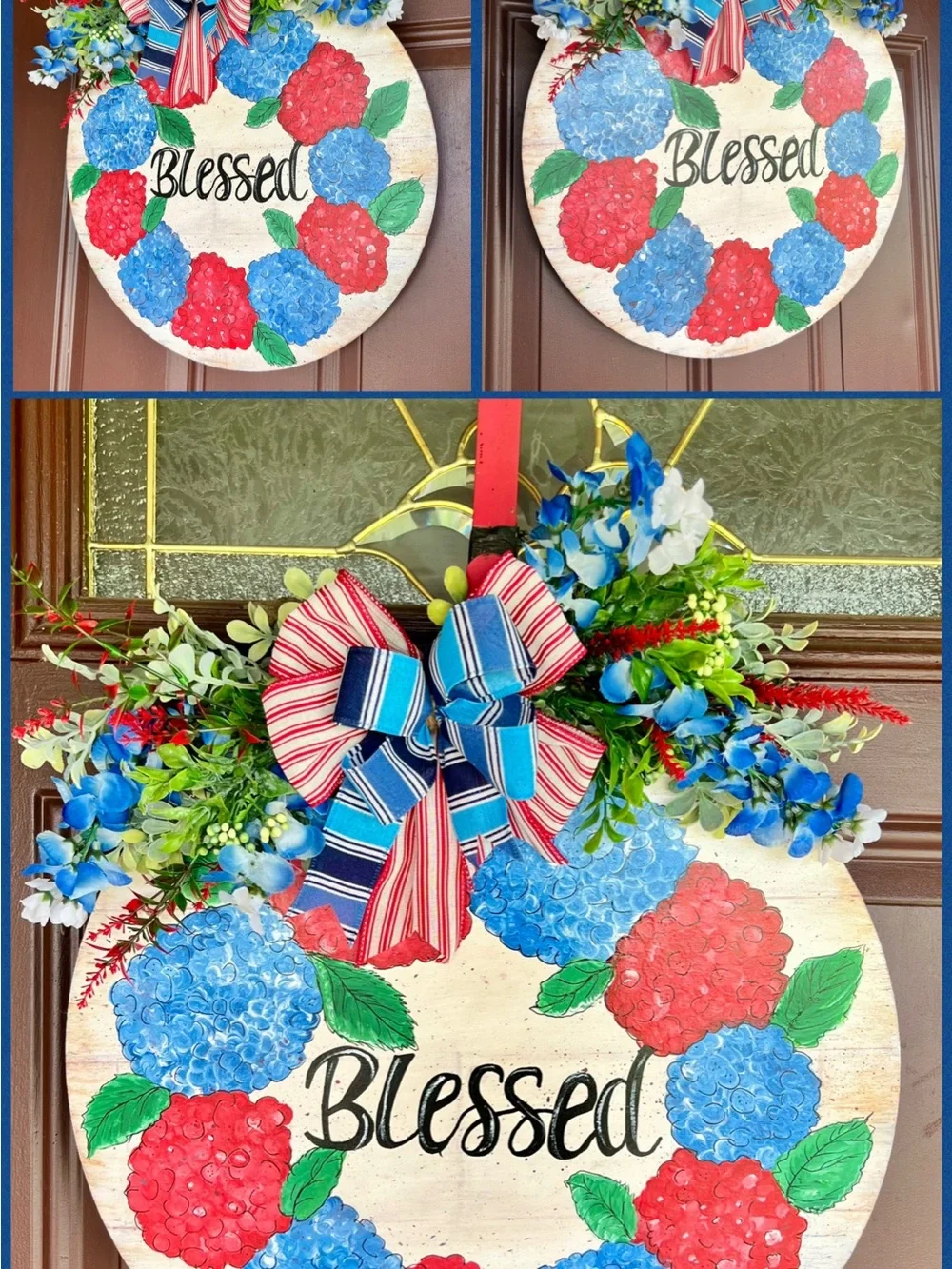 Blessed Floral Wreath Door Sign - Red & Blue
